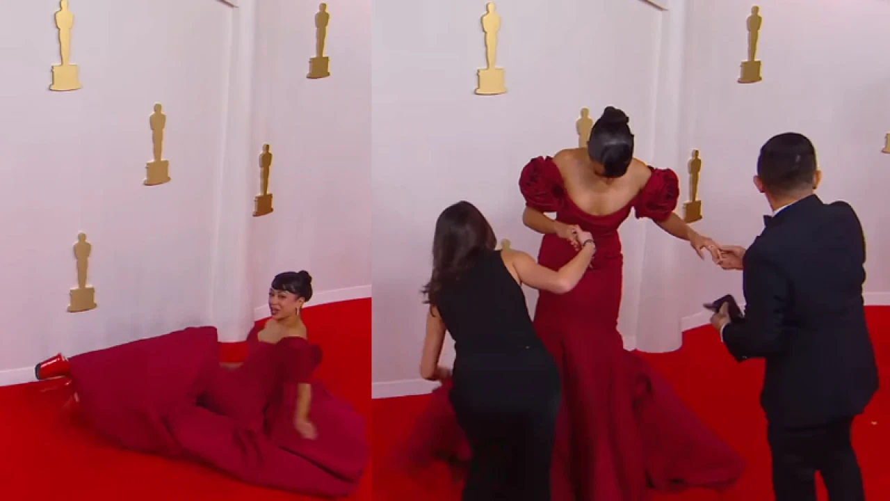 অস্কারের রেড কার্পেটে উল্টে পড়লেন অভিনেত্রী (ভিডিও)