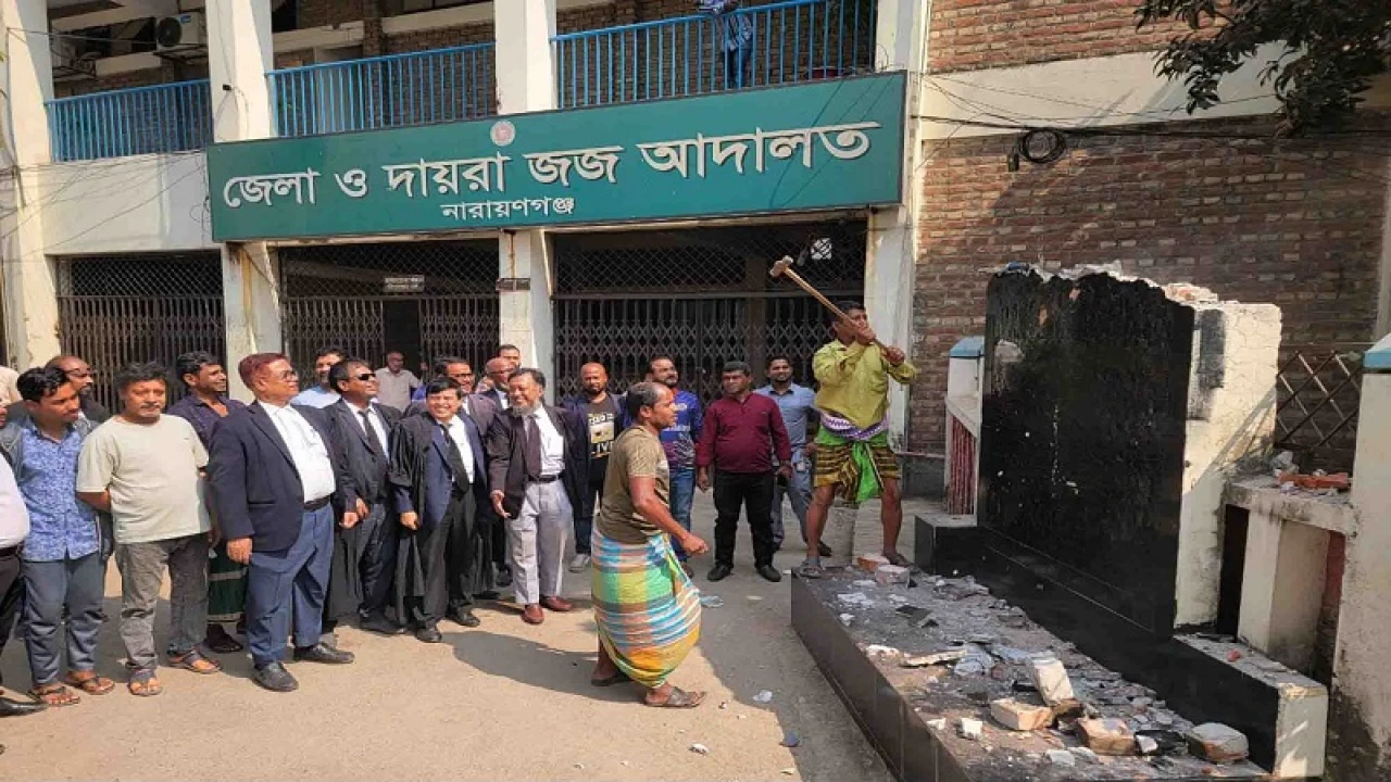 নারায়ণগঞ্জে মুজিবের ম্যুরাল ভাঙলেন জাতীয়তাবাদী আইনজীবী ফোরামের নেতারা