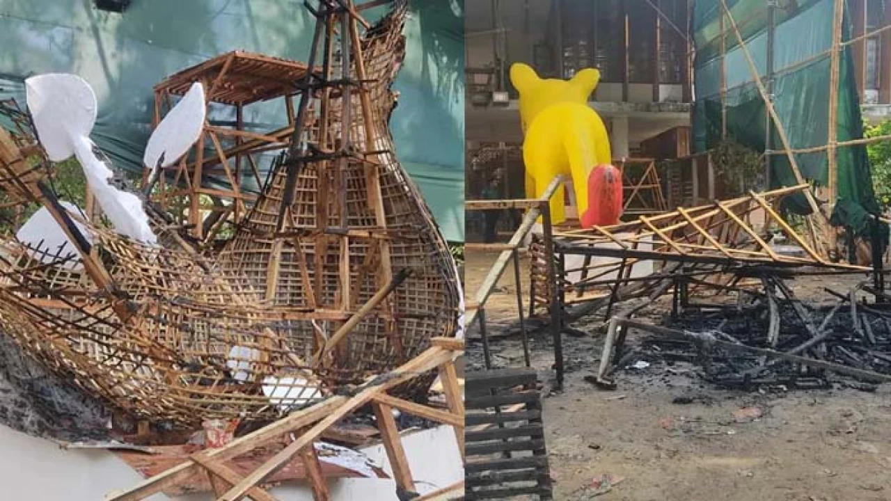 চারুকলায় শোভাযাত্রার জন্য তৈরি ভাস্কর্যে আগুন