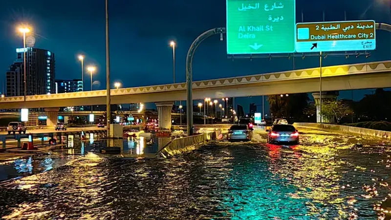 দুবাইয়ের ব্যস্ত রাস্তায় গাড়ি পানিতে ডুবে আছে