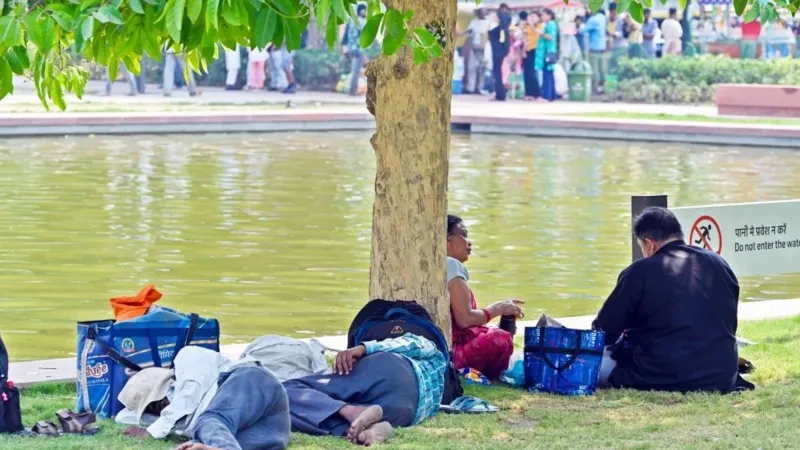 তীব্র গরমে পার্কে বিশ্রাম করছেন কয়েকজন